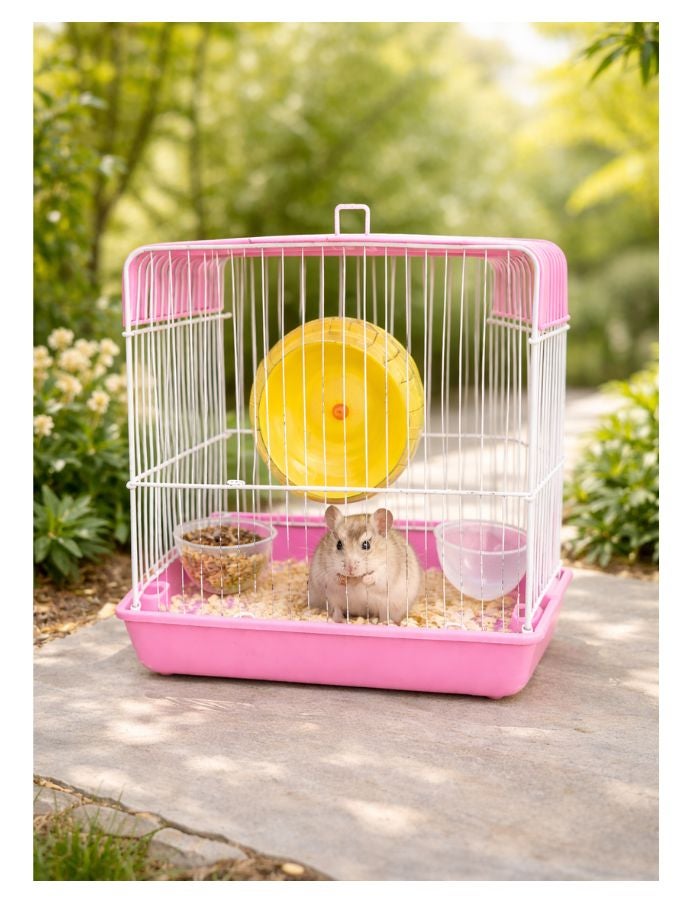 Petto Compact Hamster Cage with Exercise Wheel, Metal Wire Design, Removable Base Tray, 22 × 16 × 19 cm - Image 1
