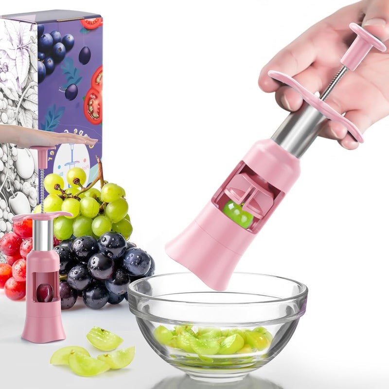 Newness Grape Cutter Tool - Stainless Steel Kitchen Gadgets with 2 Straw Brushes & 2 Types of Slicing - Cherry, Grape, Tomato - Baby Fruit Cutter (Pink) - Image 1