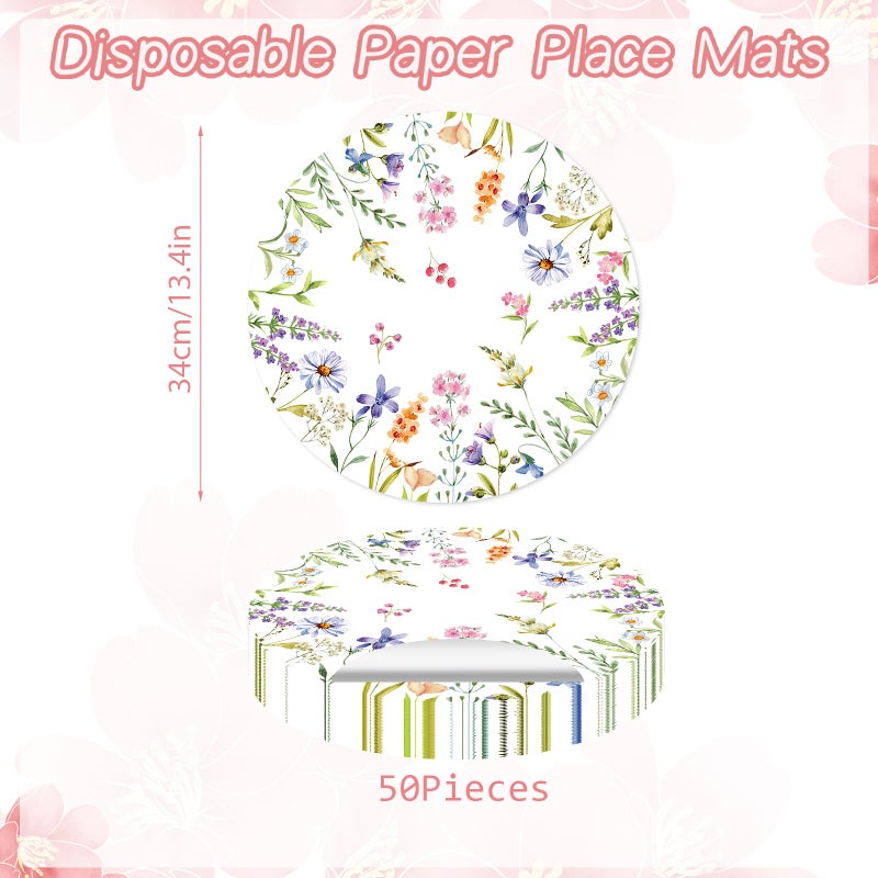 Tarklanda Paper Placemats Disposable 50 Pack Spring Flowers Place Mats 13.4 Inch Round Decorative Wildflower Table Mats for Spring Birthday Bridal Wedding Party Supplies - Image 2