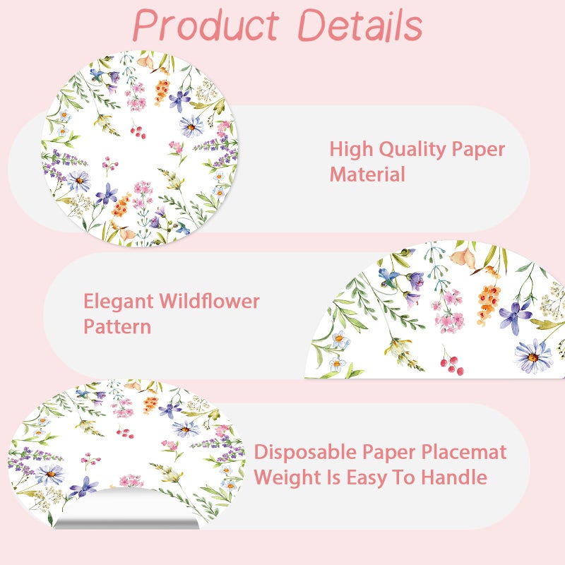 Tarklanda Paper Placemats Disposable 50 Pack Spring Flowers Place Mats 13.4 Inch Round Decorative Wildflower Table Mats for Spring Birthday Bridal Wedding Party Supplies - Image 3