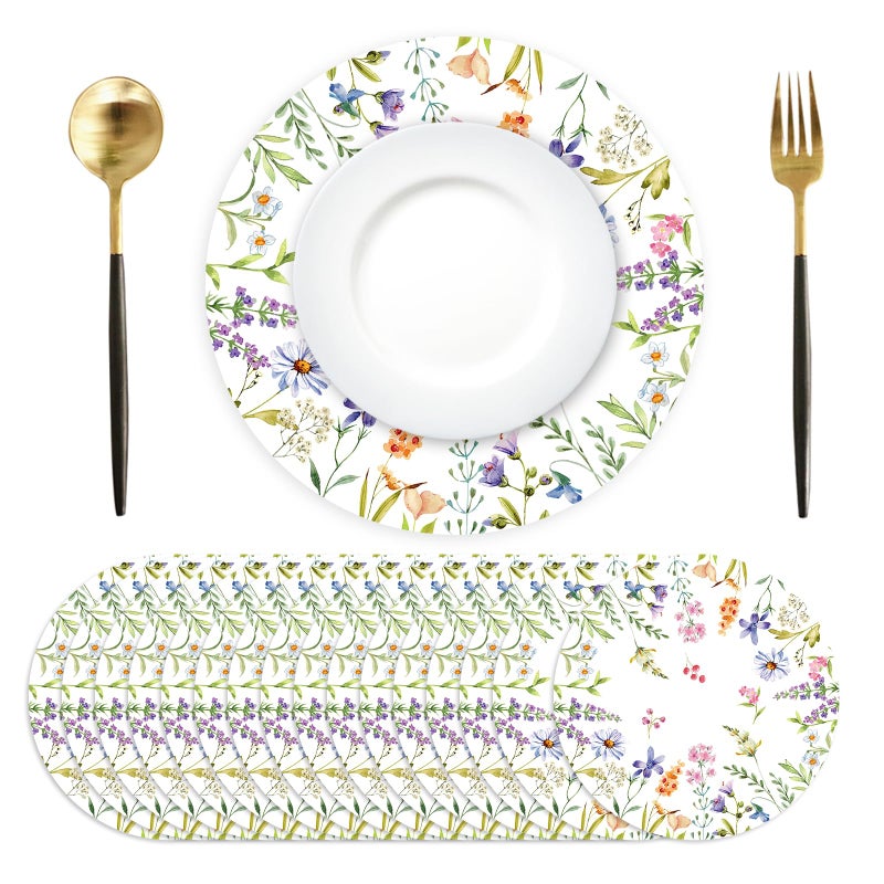 Tarklanda Paper Placemats Disposable 50 Pack Spring Flowers Place Mats 13.4 Inch Round Decorative Wildflower Table Mats for Spring Birthday Bridal Wedding Party Supplies - Image 1