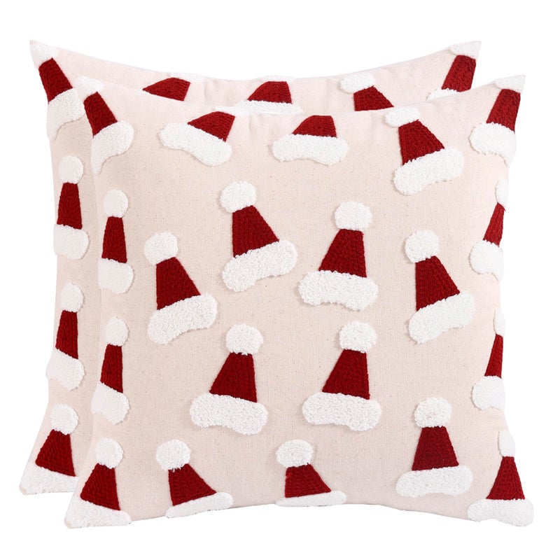Tosleo Christmas Tufted Throw Pillow Cover 18 x 18 inch Set of 2 Multiple Xmas Hats Pillow Covers 3D Christmas Party Decor Winter Holiday Cushion Case for Sofa Couch Bed Living Room - Image 2