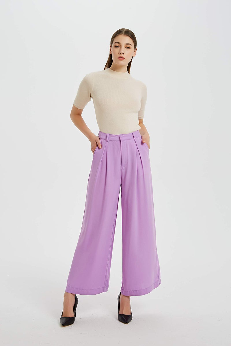 Tronjori Women High Waist Casual Wide Leg Long Palazzo Pants Trousers Regular Size(M, Lilac) - Image 2