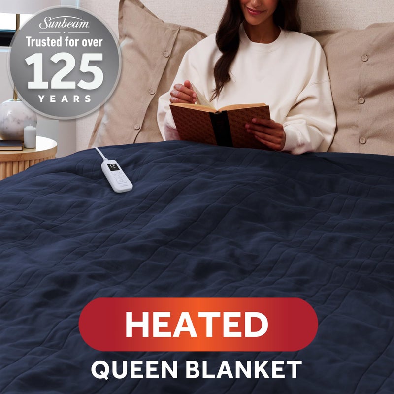Sunbeam Royal Ultra Fleece Heated Electric Blanket Queen Size, 90" x 84", 12 Heat Settings, 12-Hour Selectable Auto Shut-Off, Fast Heating, Machine Washable, Warm and Cozy, Indigo - Image 2
