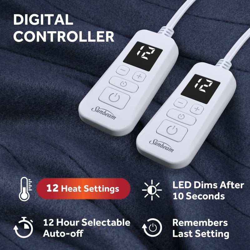 Sunbeam Royal Ultra Fleece Heated Electric Blanket Queen Size, 90" x 84", 12 Heat Settings, 12-Hour Selectable Auto Shut-Off, Fast Heating, Machine Washable, Warm and Cozy, Indigo - Image 3