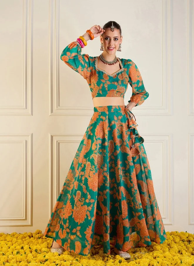 SASSAFRAS Printed Green Lehenga Choli for Women