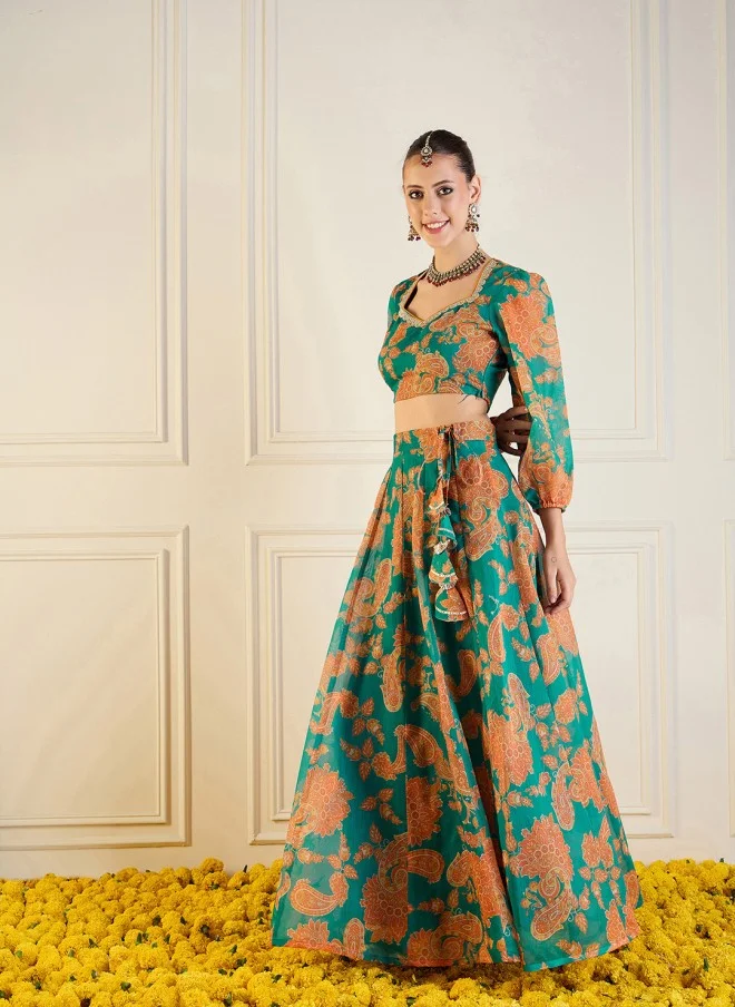 SASSAFRAS Printed Green Lehenga Choli for Women