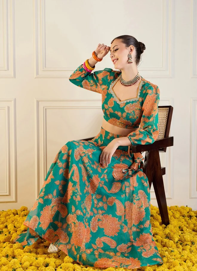 SASSAFRAS Printed Green Lehenga Choli for Women