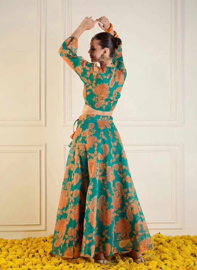 SASSAFRAS Printed Green Lehenga Choli for Women