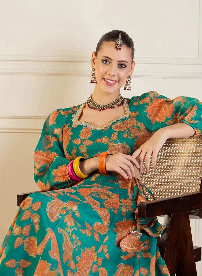 SASSAFRAS Printed Green Lehenga Choli for Women