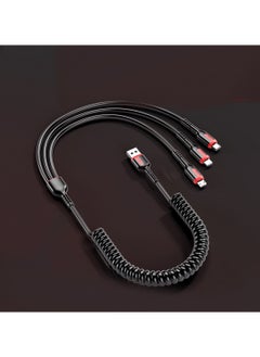 66W 3 in 1 Fast Charger Multi Function Charger Cable, Spring Retractable Data Cable, USB Cable Cord Adapter with Lightning/Type C/USB Port (Black)