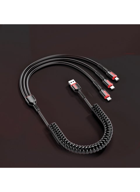 66W 3 in 1 Fast Charger Multi Function Charger Cable, Spring Retractable Data Cable, USB Cable Cord Adapter with Lightning/Type C/USB Port (Black)
