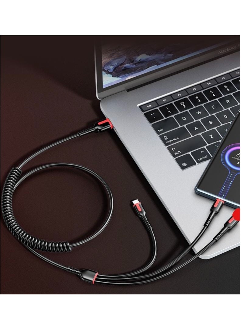 Generic - 66W 3 in 1 Fast Charger Multi Function Charger Cable, Spring Retractable Data Cable, USB Cable Cord Adapter with Lightning/Type C/USB Port (Black) - Image 1