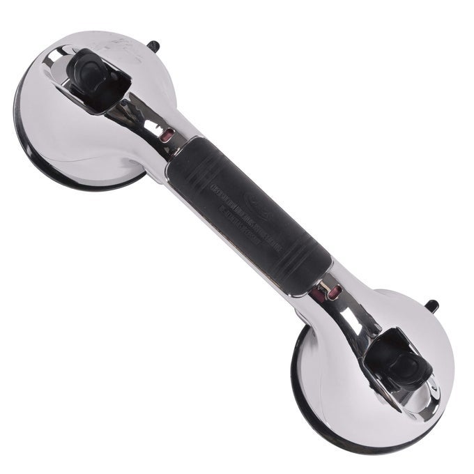 ULTRA GRIP SHOWER GRAB BAR SHOWER HANDLE AND BATHROOM BAR 12 INCH SAFETY BAR WITH DUAL LOCKING SUCTION CUPS FOR BATHTUBS AND SHOWERS CHROME