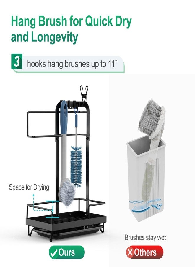 GSlife منظم حوض المطبخ GSlife Sink Caddy - حامل إسفنج كبير متعدد الاستخدامات مع حامل مناشف، منظم مقاوم للصدأ يُوضع على سطح الطاولة مع صينية تجميع السوائل وخطافات للفرشاة والقفازات وعلاقة تجفيف، أسود - Image 5