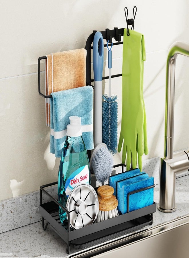 GSlife منظم حوض المطبخ GSlife Sink Caddy - حامل إسفنج كبير متعدد الاستخدامات مع حامل مناشف، منظم مقاوم للصدأ يُوضع على سطح الطاولة مع صينية تجميع السوائل وخطافات للفرشاة والقفازات وعلاقة تجفيف، أسود - Image 1