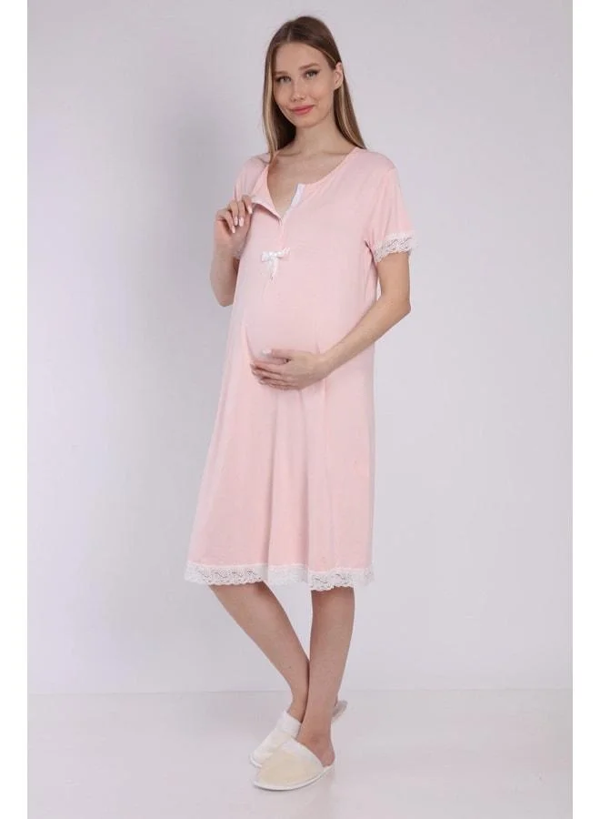 LuvmaBelly Myra9592 Front Ruffled Lace Maternity Nightgown - Pink.