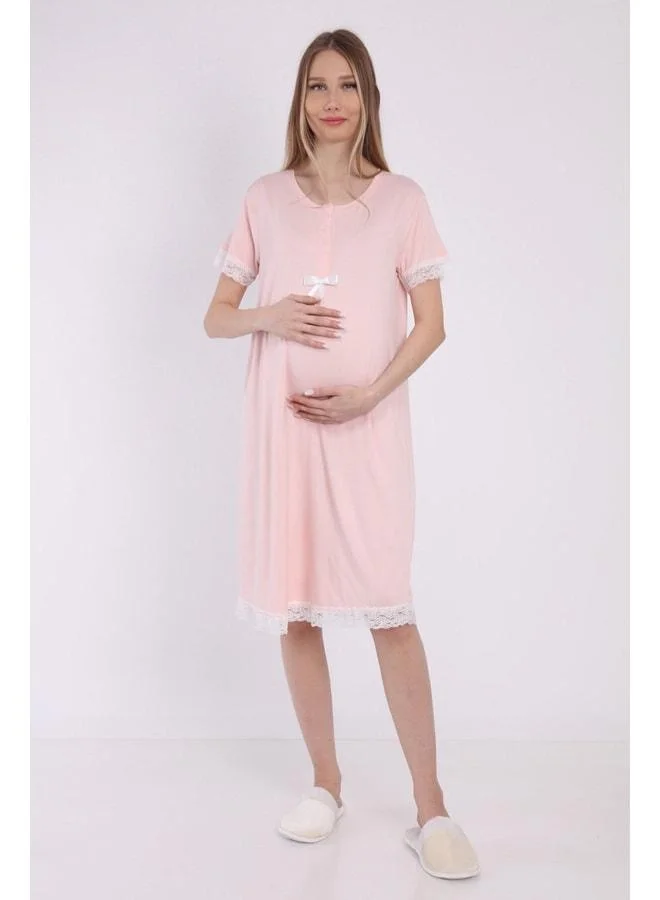 LuvmaBelly Myra9592 Front Ruffled Lace Maternity Nightgown - Pink.