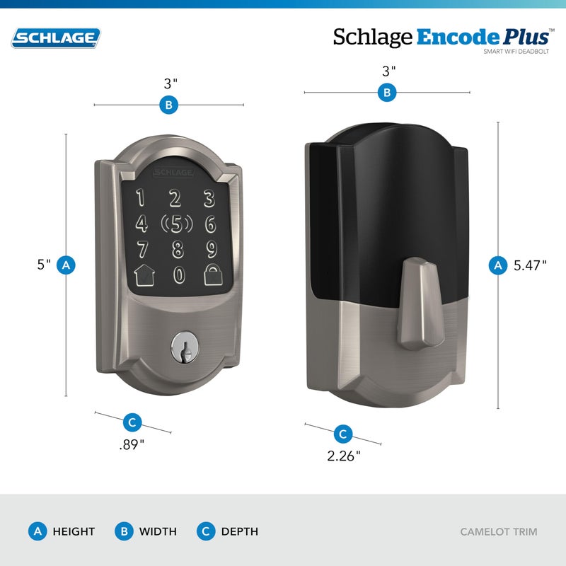 Schlage BE499WB CAM 619 Encode Plus WiFi Deadbolt Smart Lock, Keyless Entry Touchscreen Door Lock with Camelot Trim, Satin Nickel - Image 3