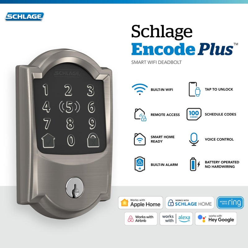 Schlage BE499WB CAM 619 Encode Plus WiFi Deadbolt Smart Lock, Keyless Entry Touchscreen Door Lock with Camelot Trim, Satin Nickel - Image 2