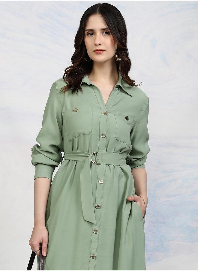 Tokyo Talkies Solid Pocket Detail Shirt Collar A-Line Midi Dress by Styli  - Image 1