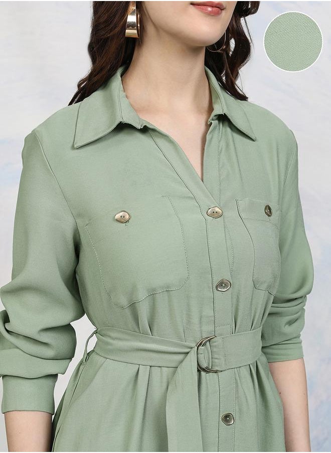 Tokyo Talkies Solid Pocket Detail Shirt Collar A-Line Midi Dress by Styli  - Image 5
