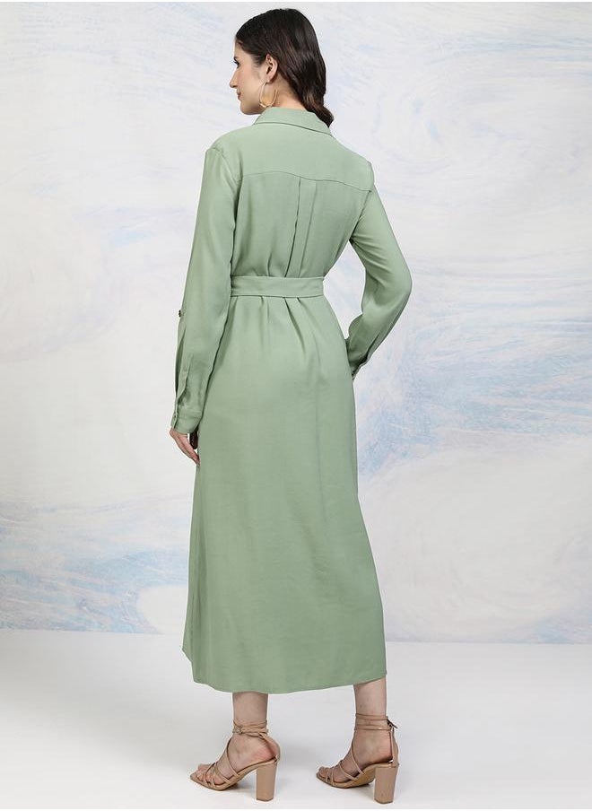 Tokyo Talkies Solid Pocket Detail Shirt Collar A-Line Midi Dress by Styli  - Image 3