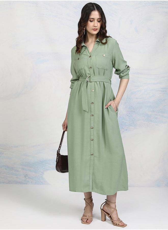 Tokyo Talkies Solid Pocket Detail Shirt Collar A-Line Midi Dress by Styli  - Image 2