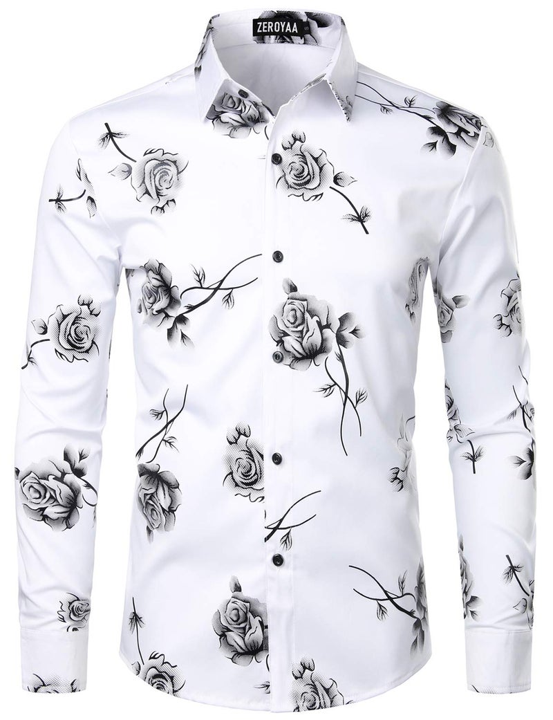 ZEROYAA Mens Hipster 3D Rose Deign Slim Fit Long Sleeve Button Up Dress Shirts ZZCL22 White Black Large - Image 1