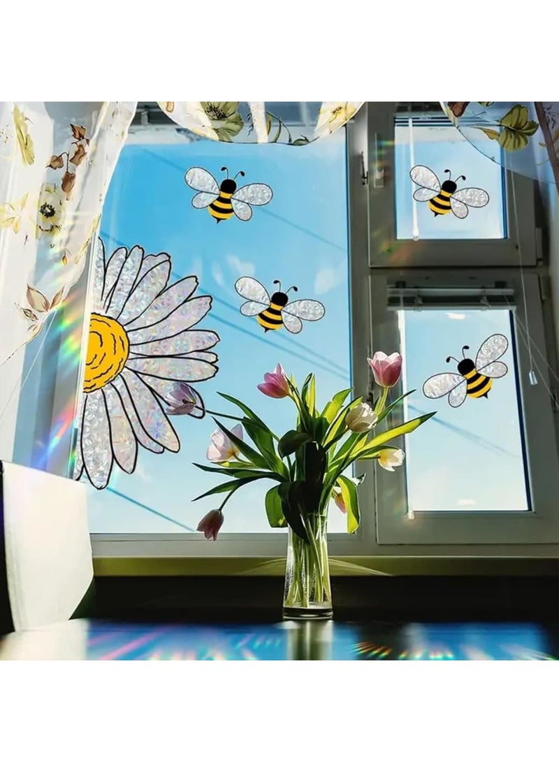 SOLARAE ملصق زجاجي بأسلوب النحل الجذاب، 3 قطع ملصقات نحل زهرية للنوافذ، ملصقات جدارية لنوافذ النحل، ملصقات قابلة للإزالة للنوافذ الزجاجية لزينة حفلات الربيع والصيف - Image 3
