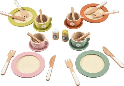 Giant bean 27PCS Wooden Toy Plates and Dishes for Kitchen Set Wooden Play Kitchen Accessories for Girls and Boys Montessori Toys Christmas Birthday Gift for Kids - Image 1