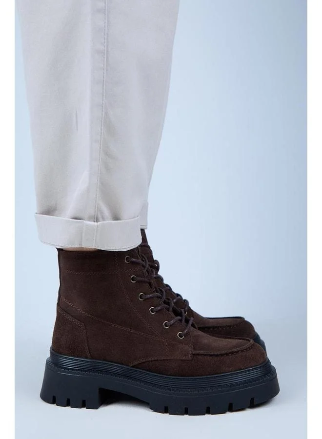 Ayra Women's Genuine Leather Lace-up Pointed Toe Coffee Boot.