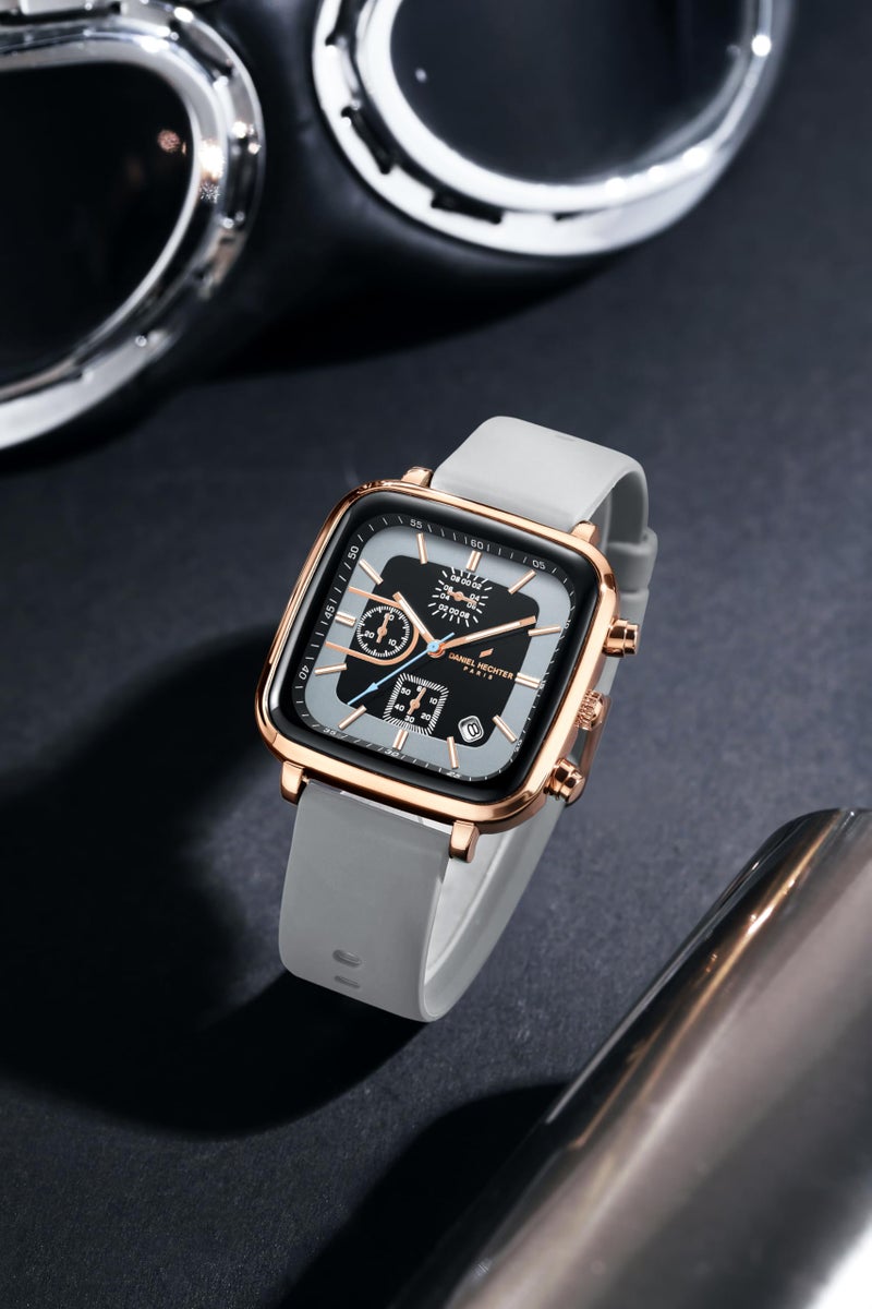 Daniel Hechter Paris Belleville Collection Modern Multi Functional Watch for Men with Square Dial and Silicon Band-DHM1002 (Grey) - Image 4