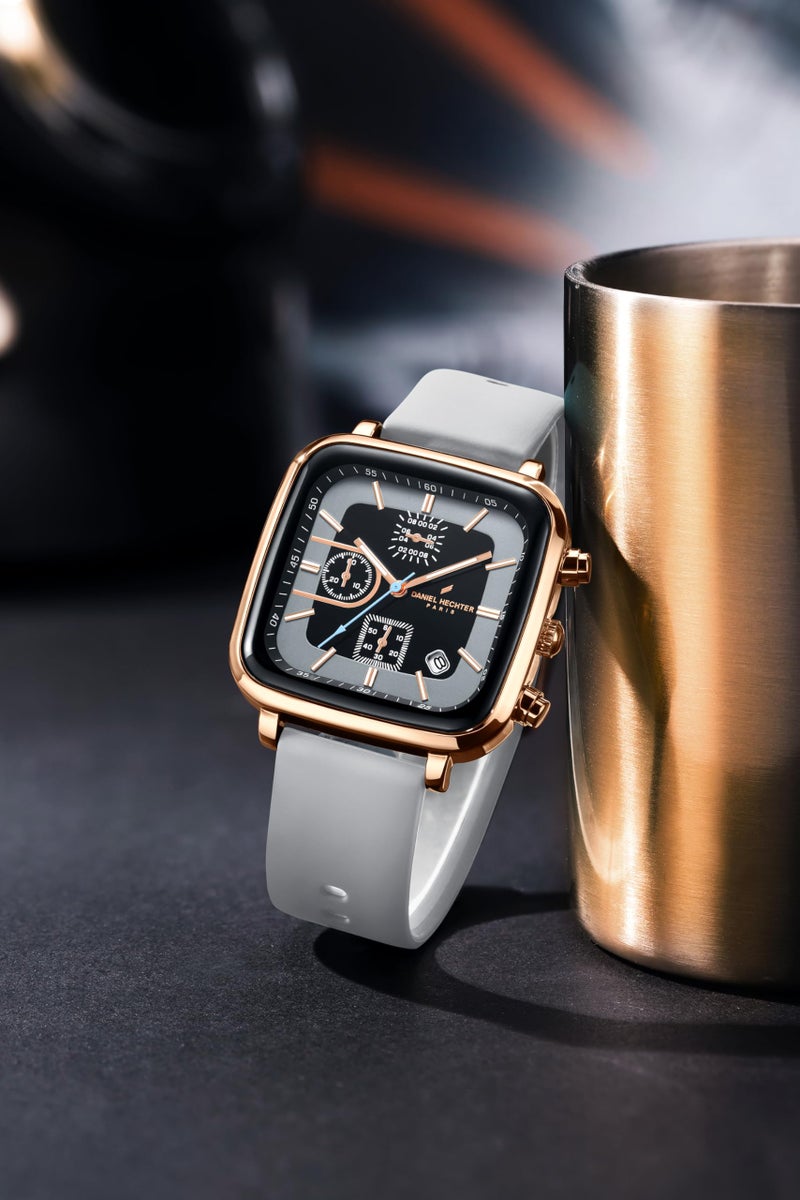 Daniel Hechter Paris Belleville Collection Modern Multi Functional Watch for Men with Square Dial and Silicon Band-DHM1002 (Grey) - Image 3