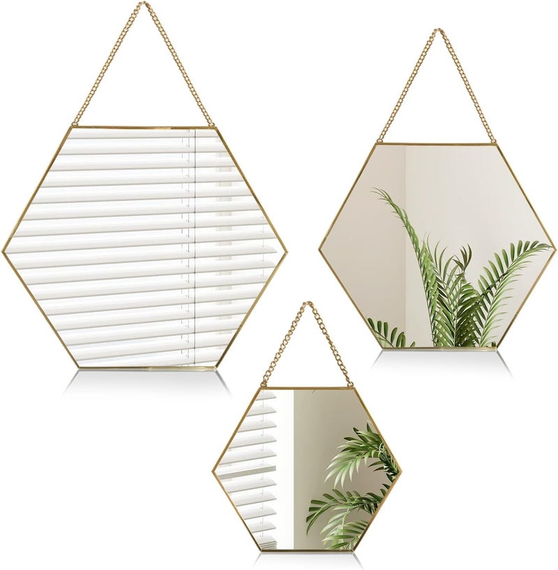 HOME ELEMENTS Hexagonal Wall Mirror Set with Hanging Chain Scratchproof Silver Mirror Decorative Gold Metal Frame Mirror for Aesthetic Room Decor Bathroom Bedroom Living Room Pack of 3 - Image 1