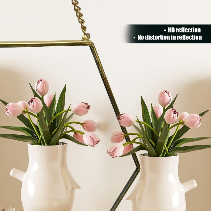 HOME ELEMENTS Hexagonal Wall Mirror Set with Hanging Chain Scratchproof Silver Mirror Decorative Gold Metal Frame Mirror for Aesthetic Room Decor Bathroom Bedroom Living Room Pack of 3 - Image 3