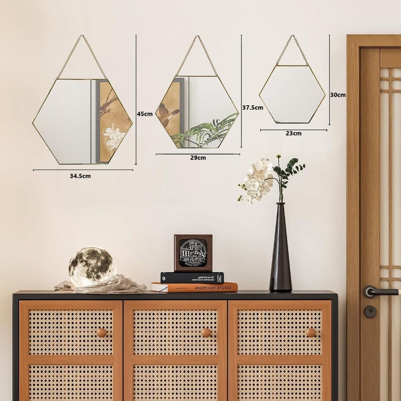 HOME ELEMENTS Hexagonal Wall Mirror Set with Hanging Chain Scratchproof Silver Mirror Decorative Gold Metal Frame Mirror for Aesthetic Room Decor Bathroom Bedroom Living Room Pack of 3 - Image 2