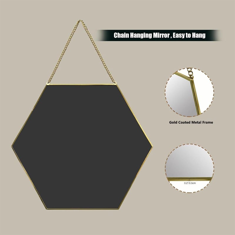 HOME ELEMENTS Hexagonal Wall Mirror Set with Hanging Chain Scratchproof Silver Mirror Decorative Gold Metal Frame Mirror for Aesthetic Room Decor Bathroom Bedroom Living Room Pack of 3 - Image 4