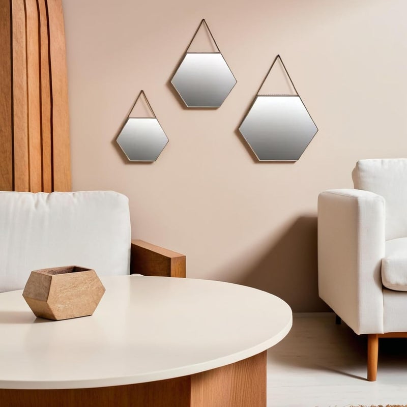 HOME ELEMENTS Hexagonal Wall Mirror Set with Hanging Chain Scratchproof Silver Mirror Decorative Gold Metal Frame Mirror for Aesthetic Room Decor Bathroom Bedroom Living Room Pack of 3 - Image 5