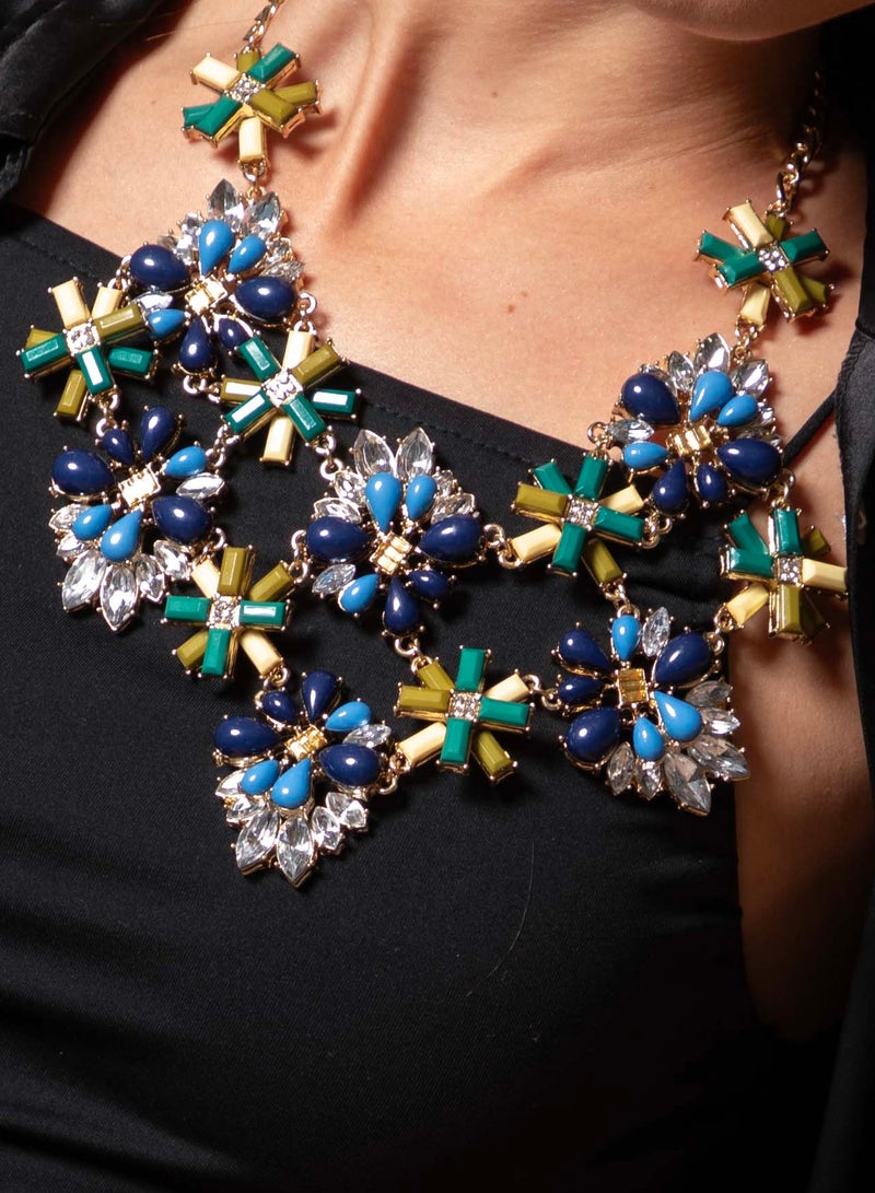 Colorful Floral Stones Chunky Statement Necklace for Women, Golden Color Chain, Summer Accessories Fashion Jewellery, Blue Yellow Green Colors for Girls Mother's Day Birthday Present Gift Idea Valentine's Day Eid Ramadan Kareem Special Occasion - Image 1