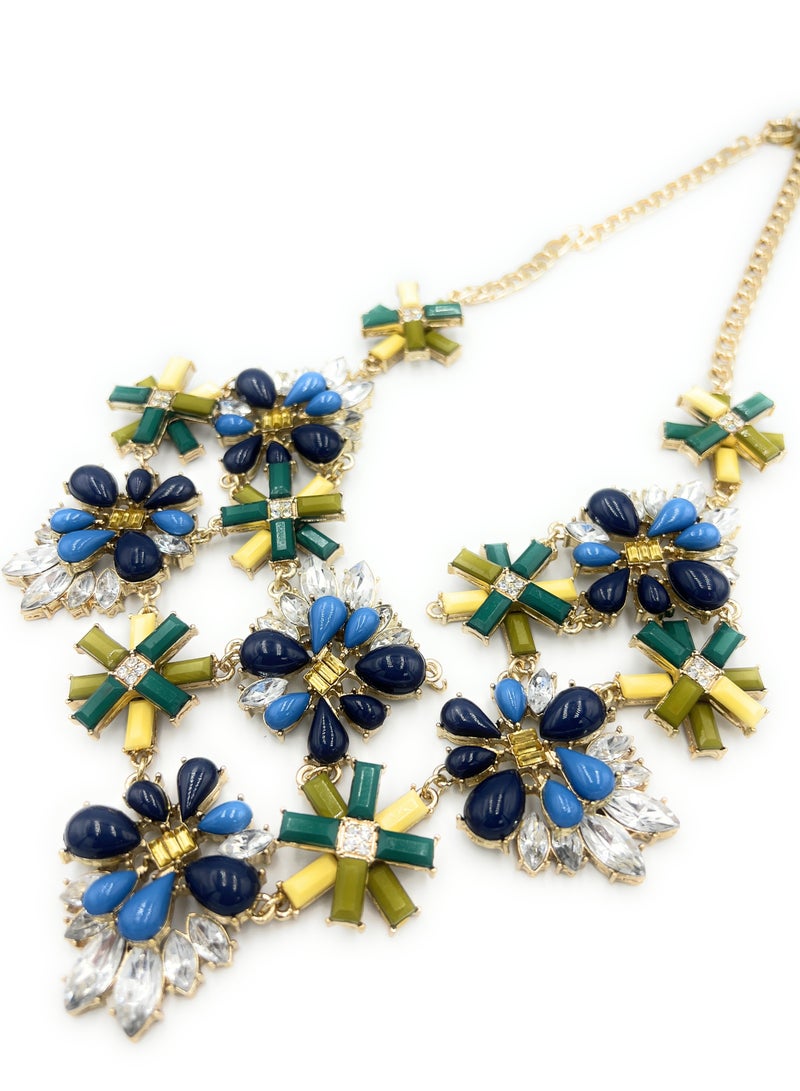 Colorful Floral Stones Chunky Statement Necklace for Women, Golden Color Chain, Summer Accessories Fashion Jewellery, Blue Yellow Green Colors for Girls Mother's Day Birthday Present Gift Idea Valentine's Day Eid Ramadan Kareem Special Occasion - Image 3