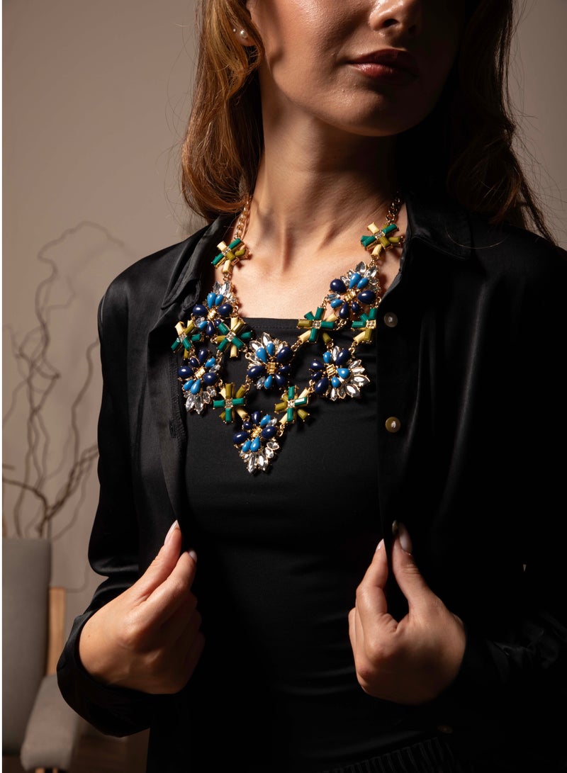 Colorful Floral Stones Chunky Statement Necklace for Women, Golden Color Chain, Summer Accessories Fashion Jewellery, Blue Yellow Green Colors for Girls Mother's Day Birthday Present Gift Idea Valentine's Day Eid Ramadan Kareem Special Occasion - Image 4