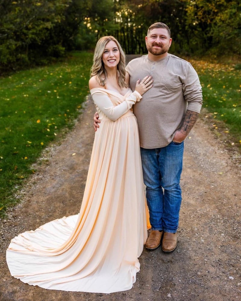 Saslax Maternity Off Shoulders Long Sleeve Half Circle Gown for Baby Shower Photo Props Dress Champagne M - Image 2