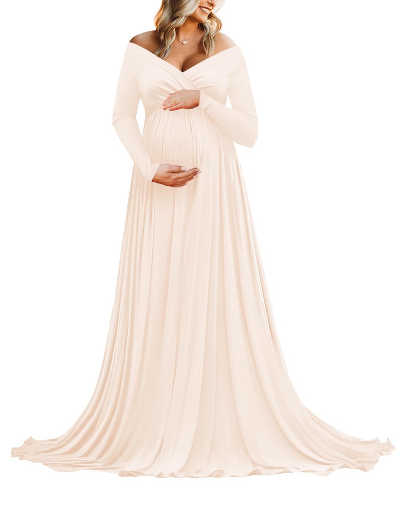 Saslax Maternity Off Shoulders Long Sleeve Half Circle Gown for Baby Shower Photo Props Dress Champagne M - Image 1