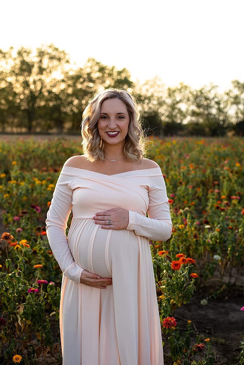 Saslax Maternity Off Shoulders Long Sleeve Half Circle Gown for Baby Shower Photo Props Dress Champagne M - Image 4