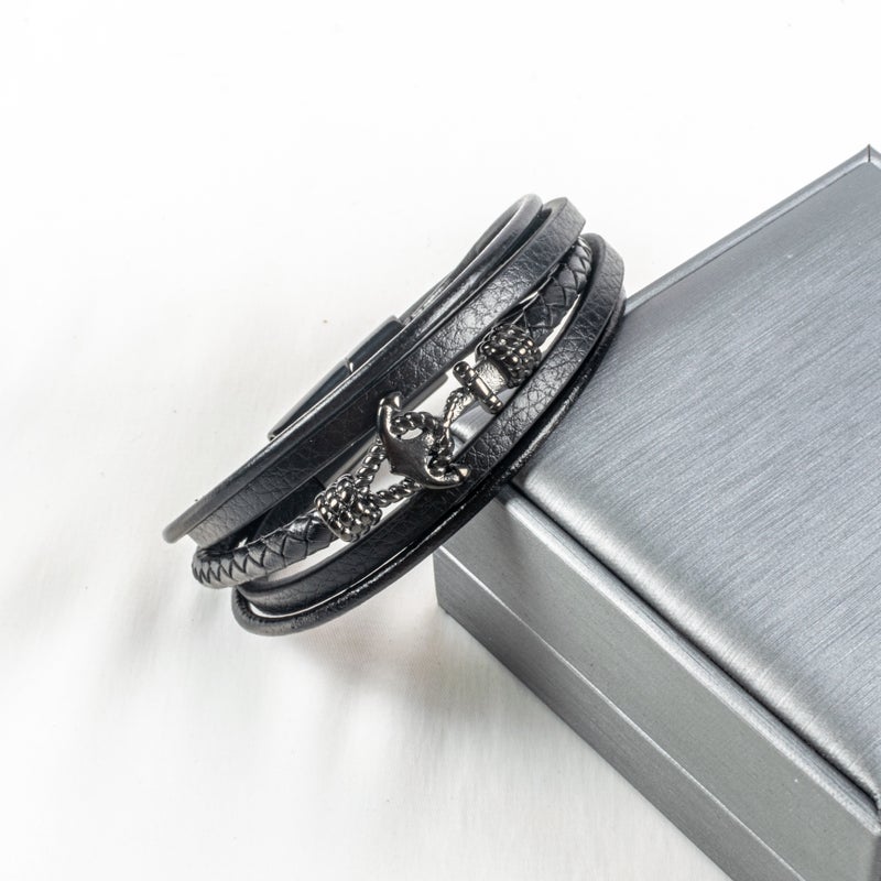 أسورة أستانليس ستيل أسود × جلد أسود رجالي شكل مرساة سفينة - Image 2