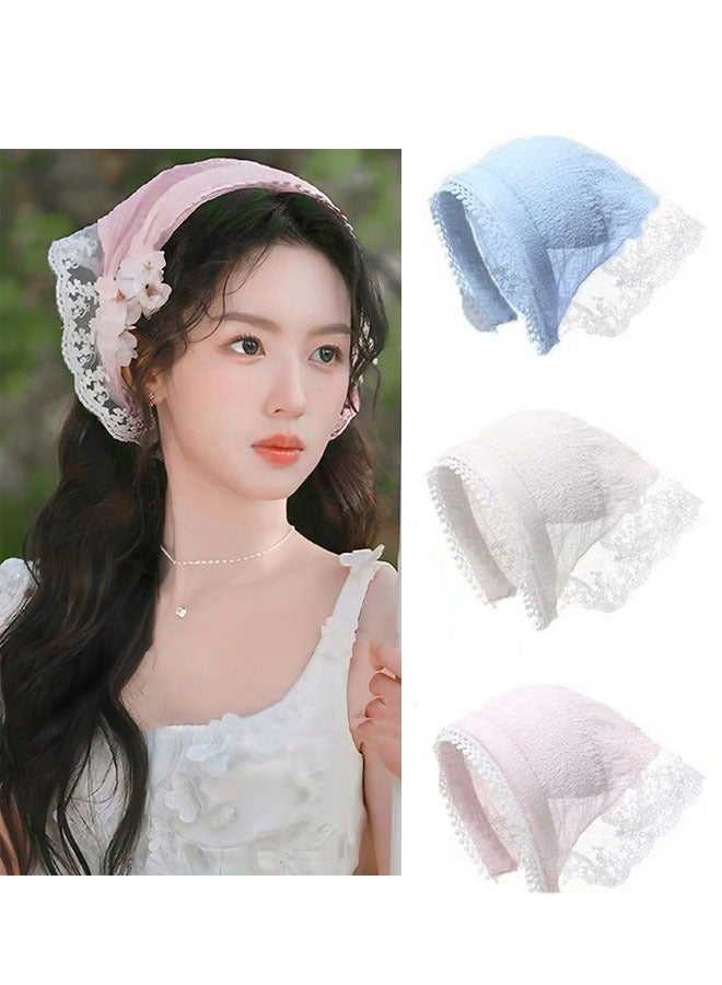 ZVEV 3-Piece Hair Scarf Bandana Handband for Women - 3Pcs Chiffon Head Scarf for Women's Hair, Non Slip Lace Triangle Kerchief Women’s Hair Bands (Blue+Pink+Off white) - Image 1