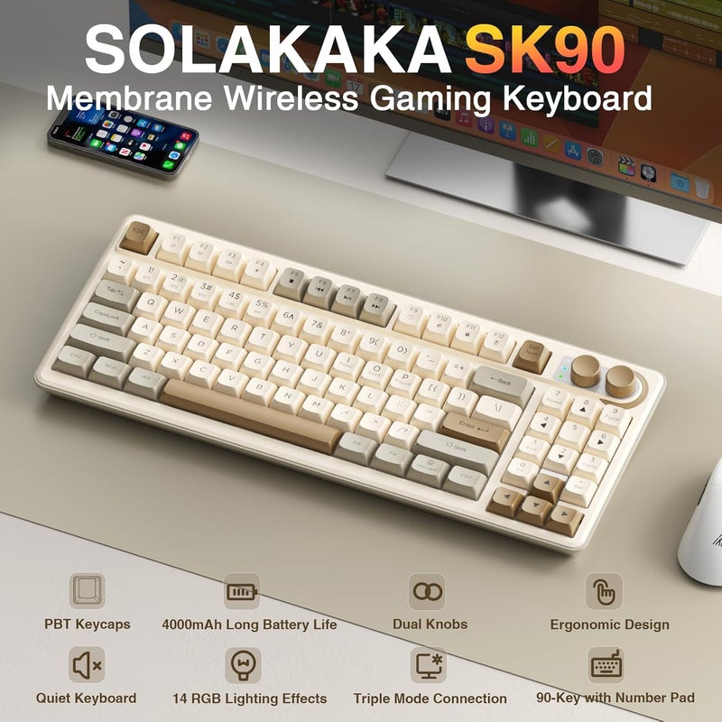 CORBOBO لوحة مفاتيح ألعاب لاسلكية SOLAKAKA SK90 75% - 4000 مللي أمبير ثلاثية الوضع (BT5.0/2.4G/USB-C) لوحة مفاتيح ألعاب كريمية لطيفة مع لوحة أرقام، مقبض وسائط، إضاءة خلفية RGB، مفاتيح هادئة لوحات مفاتيح مكتبية صامتة لأجهزة الكمبيوتر الشخصية وماك - Image 2