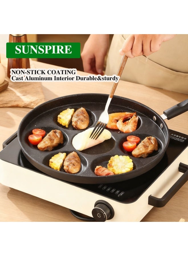 صن سباير صينية فطائر غير لاصقة بتصميم 7 قوالب صانعة فطائر صغيرة، طباخ إفطار للأطفال متوافق مع مواقد الحث/الغاز طلاء خالٍ من مادة PFOA - أسود - Image 2