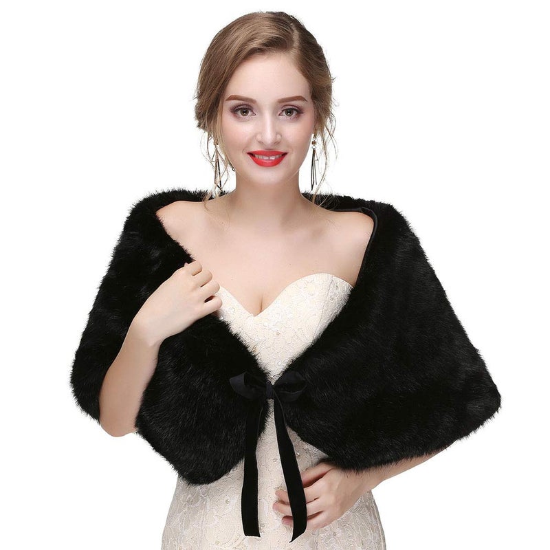 Haloty Women's Bride Wedding Faux Fur Shawl: 1920s Bridal Fur Stole & Wraps - Black - Image 1